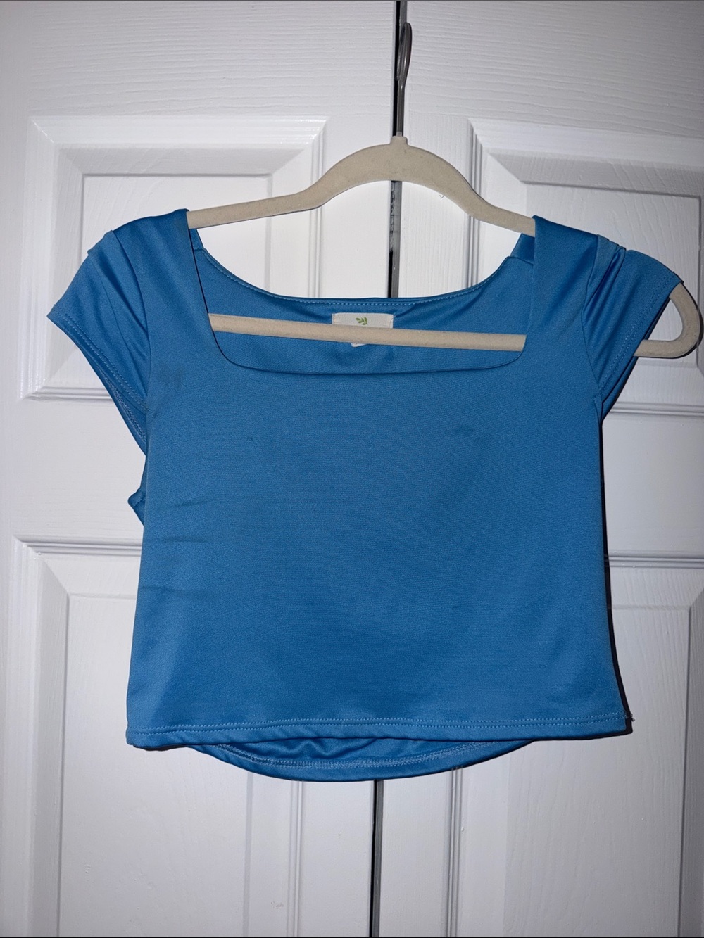 Square-Neck Blue Crop Top with Cap Sleeves